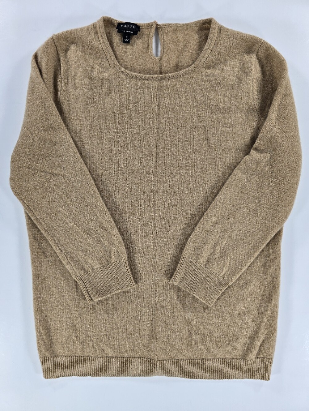 Talbots Pure Cashmere Crewneck Sweater Tan Turquoise 3/4 Sleeve Womens Small